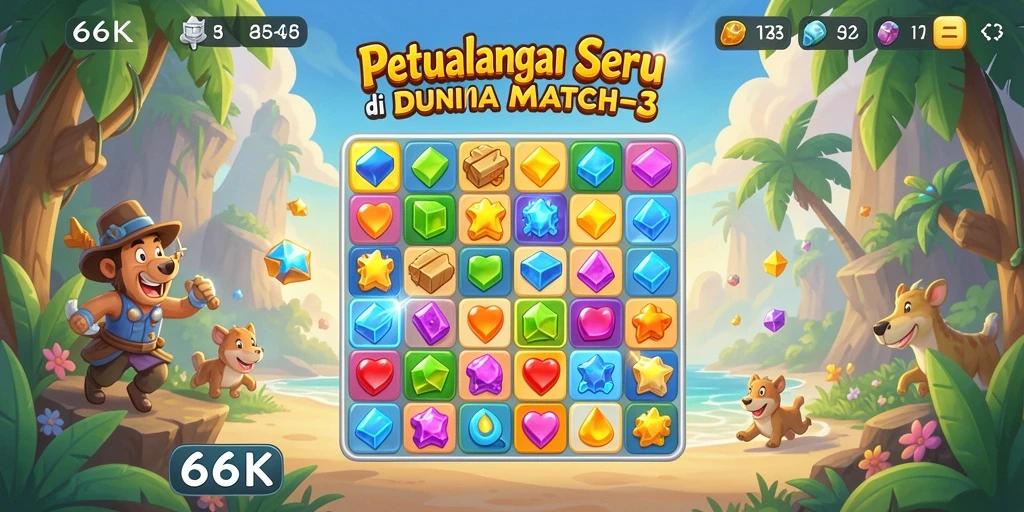 Screenshot gameplay 66K menampilkan aksi seru dalam game Match-3.