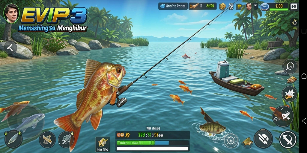Menampilkan gameplay seru EVIP3 dengan pengalaman memancing yang mengasyikkan.