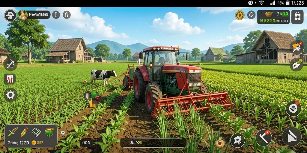 Tampilan gameplay seru dari OLX128 yang menampilkan aktivitas pertanian.