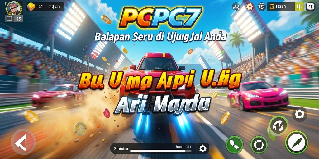 Screenshot utama PCPC7 menampilkan aksi balapan yang mendebarkan.