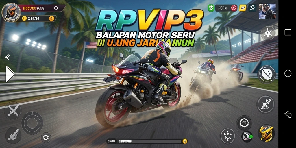 Screenshot RPVIP3 menampilkan aksi balapan motor yang mendebarkan.