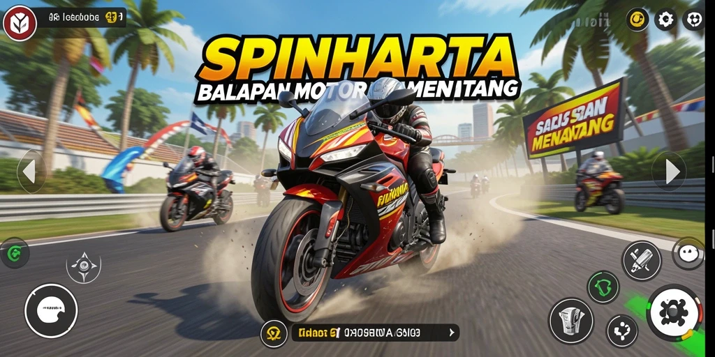 Gameplay SPINHARTA menampilkan balapan motor yang mendebarkan dan grafis yang memukau.
