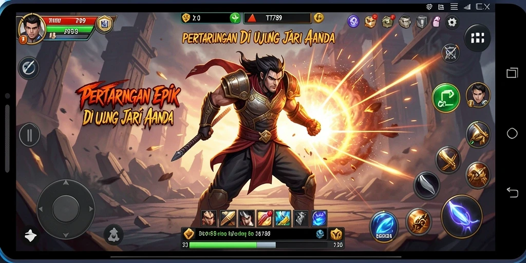 Tampilan gameplay intens saat karakter bertarung di arena.